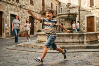 Jeune garçon espiègle courant dans une place de village pavée, illustrant la définition du mot galopin