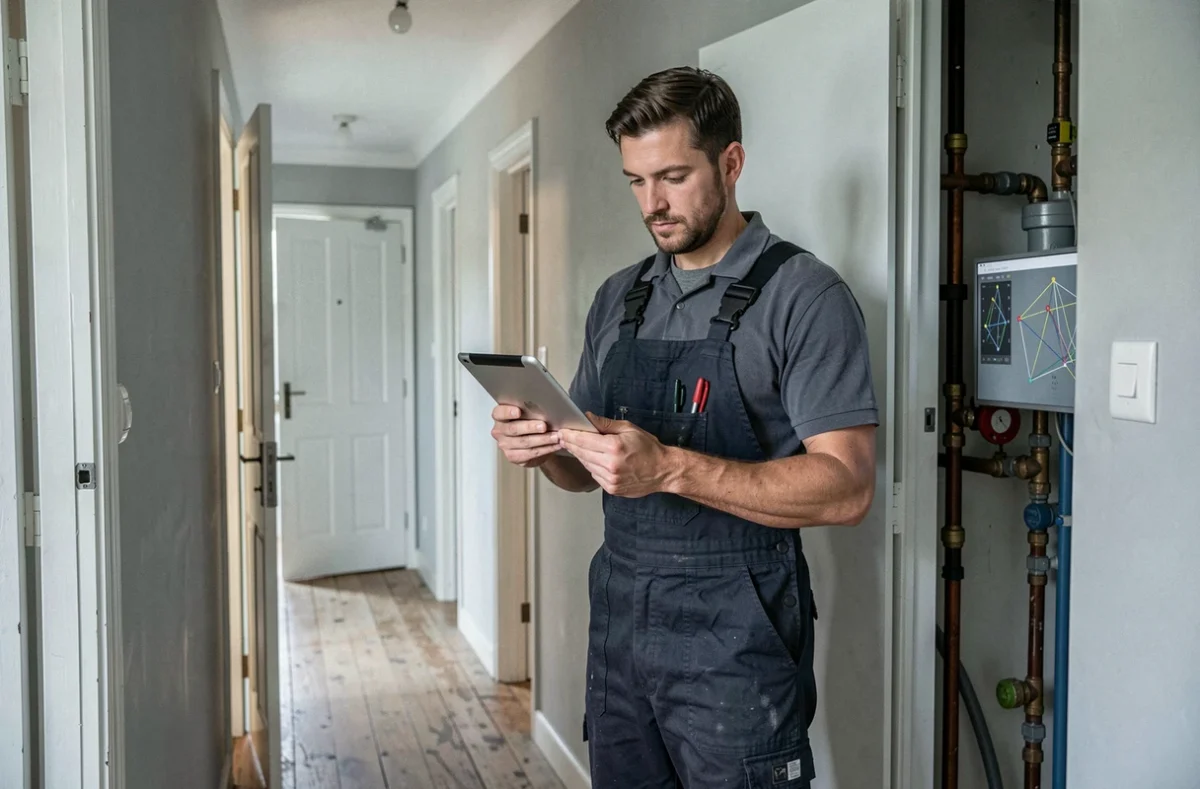 Plombier du réseau Depanneo consultant une tablette avec la carte des artisans référencés dans le Nord