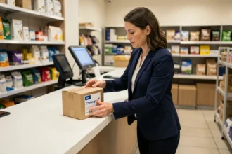 Femme déposant un colis Chronopost sécurisé au comptoir d'un point relais moderne