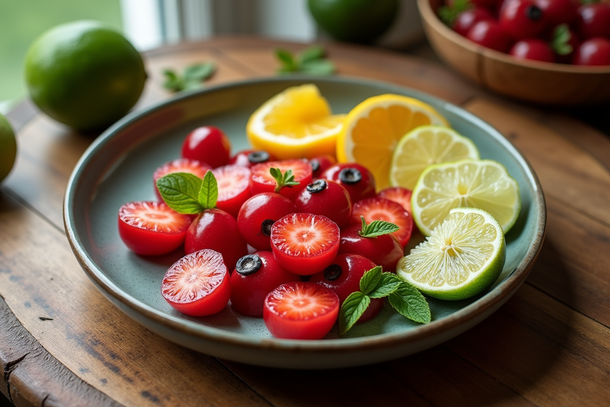 Dessert de fruits exotiques sur table en bois