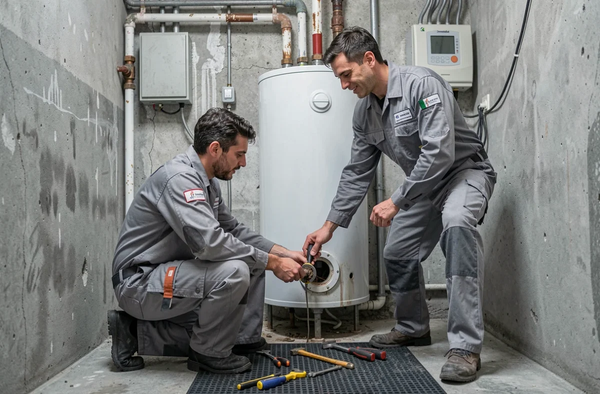 Deux plombiers remplaçant un chauffe-eau dans une chaufferie d'immeuble marseillais