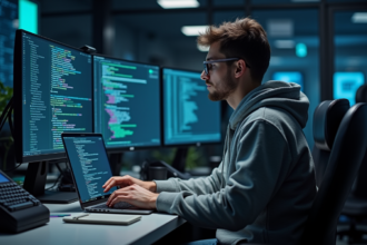 Jeune developpeur blockchain travaillant sur un grand ecran