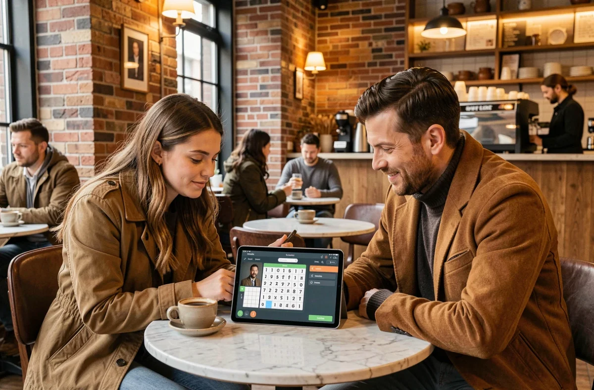 Deux personnes collaborant sur un jeu de mots de 9 lettres sur tablette dans un café urbain