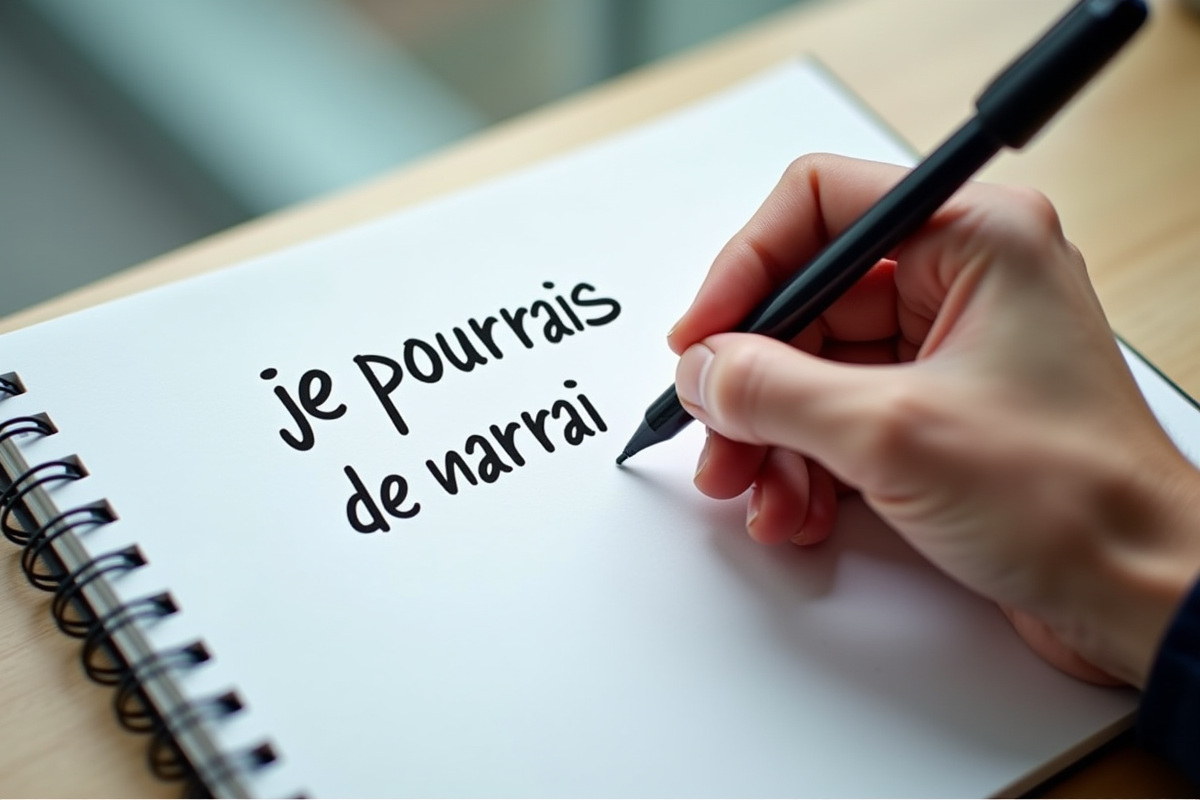 Main écrivant je pourrais et je pourrai dans un carnet moderne