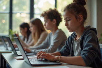 Etudiants utilisant tablettes dans une salle lumineuse