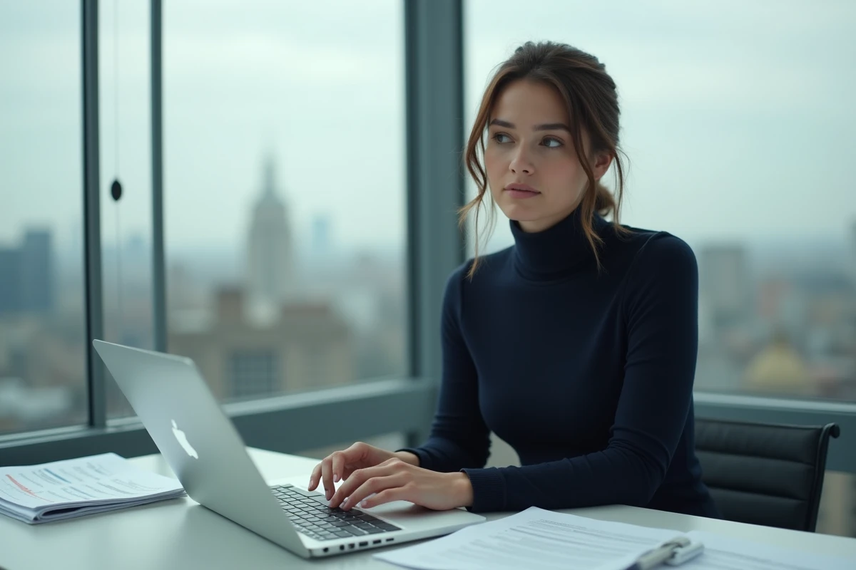 Actrice et productrice analysant des scripts dans un bureau de production cinématographique, symbolisant les projets secrets d'Emma Watson en 2026