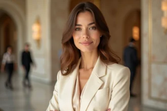 Jeune actrice britannique élégante dans le hall d'un festival de cinéma en 2026, évoquant le retour d'Emma Watson au grand écran