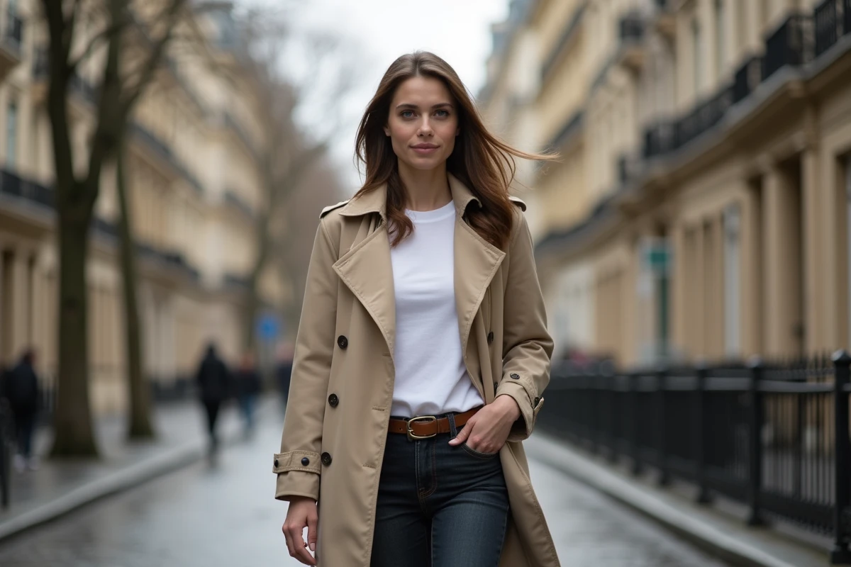 Jeune femme marchant dans une rue parisienne en imperméable beige, évoquant l'atmosphère discrète et élégante d'Emma Watson lors de ses apparitions publiques en 2026
