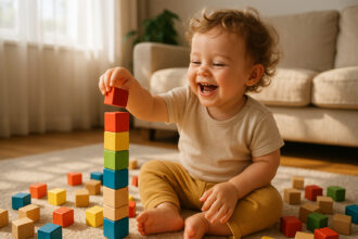 Enfant joyeux de deux ans construisant une tour colorée avec des blocs en bois