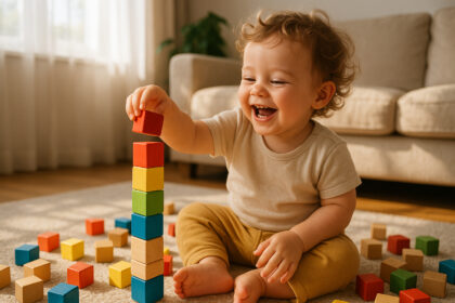 Enfant joyeux de deux ans construisant une tour colorée avec des blocs en bois
