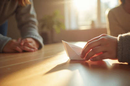 Mains d'enfant pliant un avion en papier blanc sur une table en bois