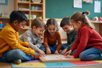 Enfants d'école primaire jouant ensemble sur un tapis coloré