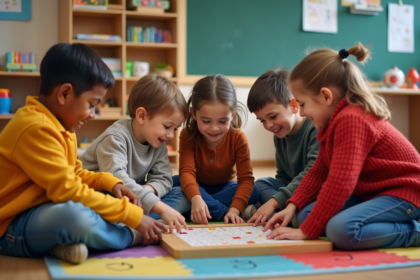 Enfants d'école primaire jouant ensemble sur un tapis coloré