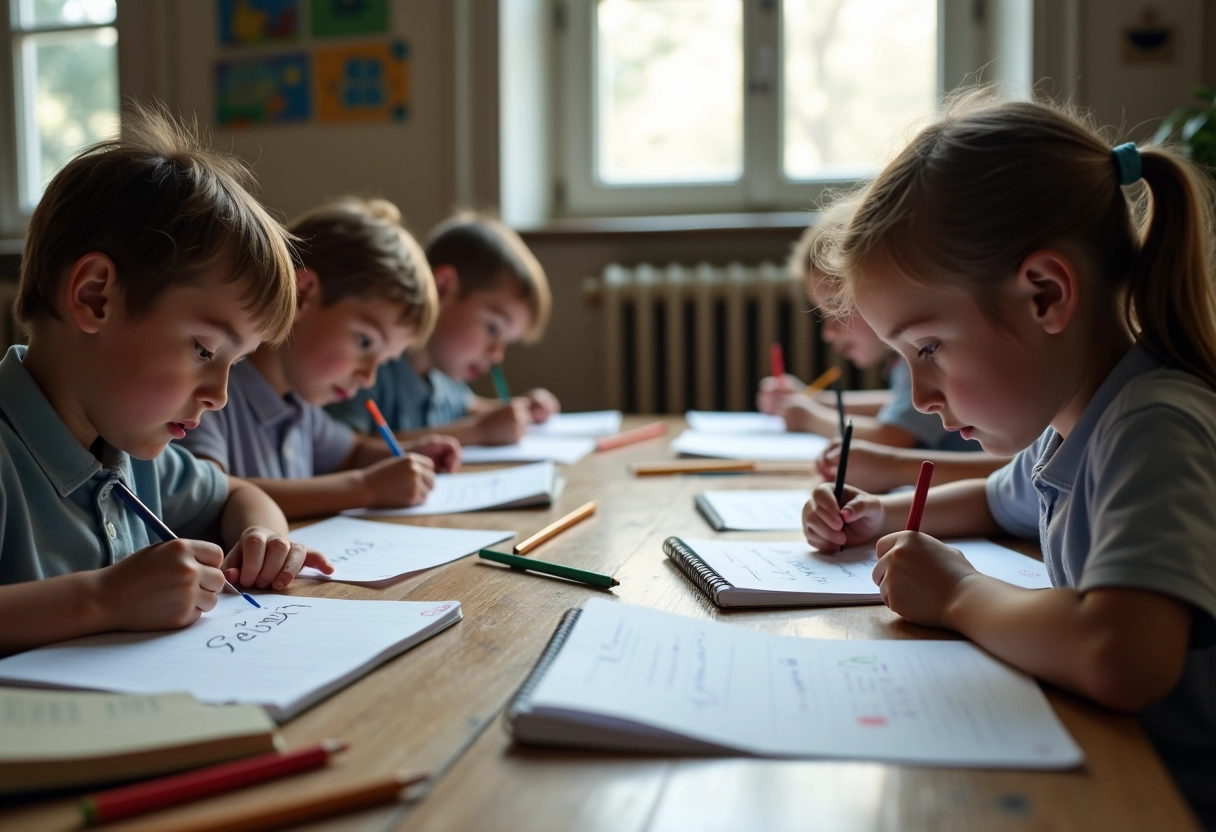 Enfants jouant au pendu dans une classe vintage