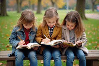 Trois enfants lisant et dessinant dans un parc en plein air