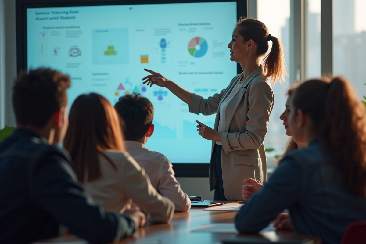 Professeur guidant des adolescents devant un tableau digital