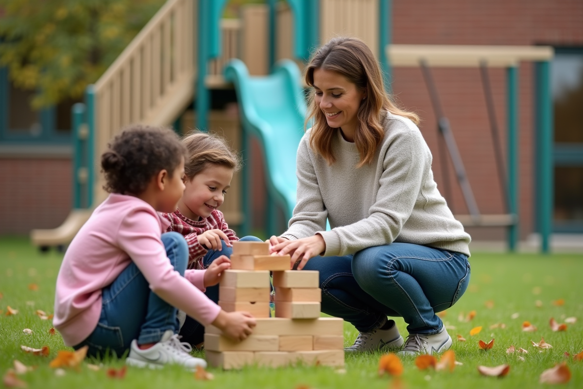 Enseignante observant des enfants construisant une tour en bois