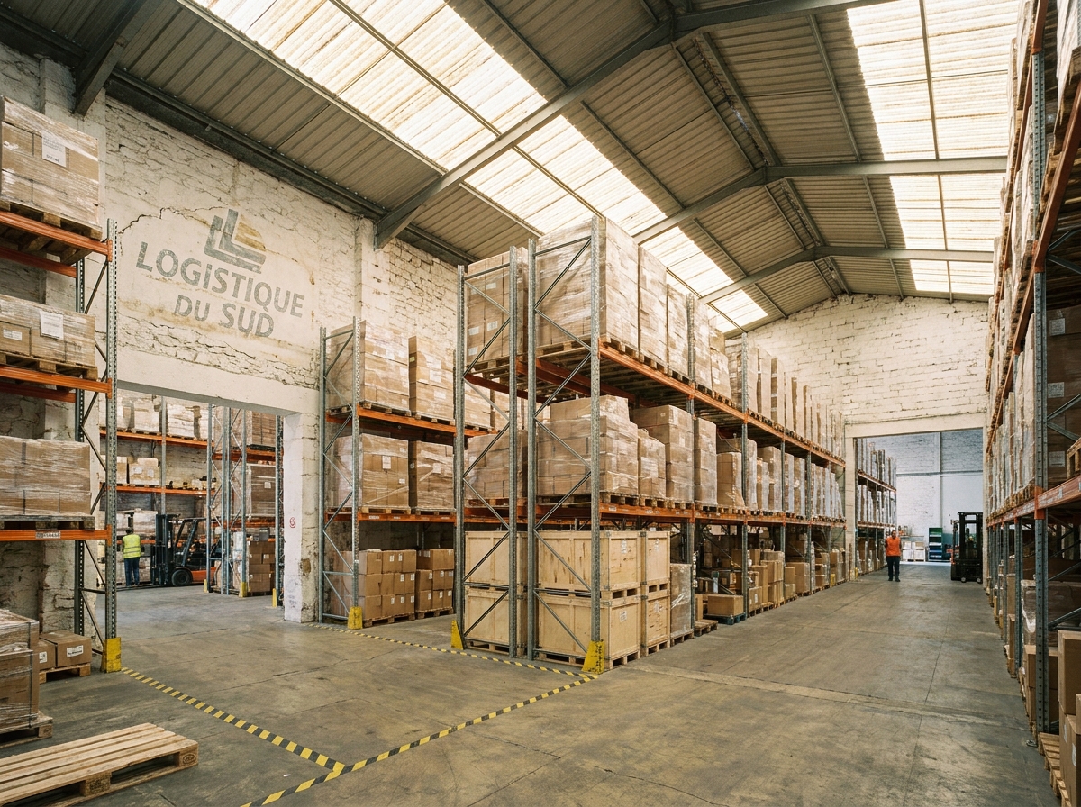 Vue en grand angle d'un entrepôt optimisé avec des rayonnages à palettes doubles hauteur dans une installation logistique du sud-ouest