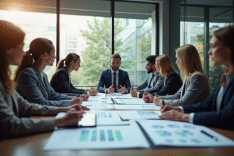 Equipe diverse collaborant autour d'une table moderne