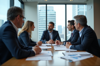 Groupe de professionnels financiers en réunion dans une salle moderne