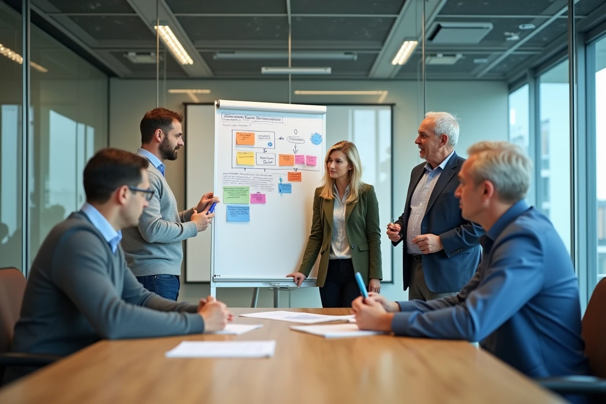 Équipe pluridisciplinaire élaborant un plan opérationnel de réduction carbone sur un tableau blanc en salle de réunion
