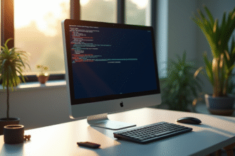 Espace de travail lumineux avec écran affichant la commande shutdown