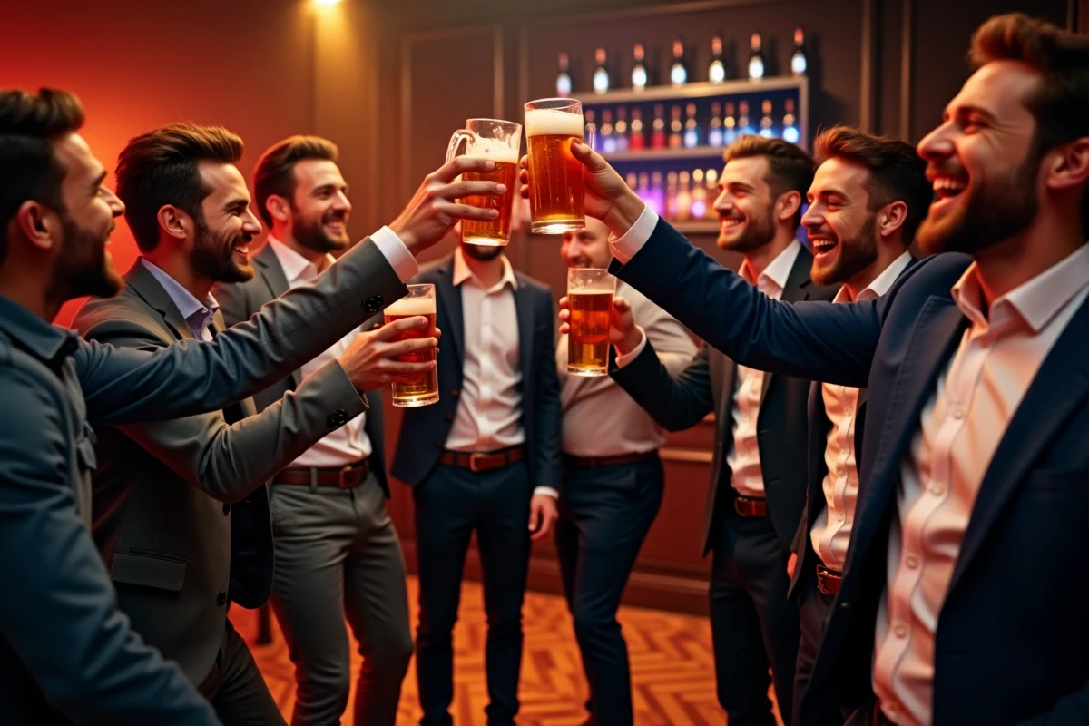 EVG dans un bar danse de Strasbourg avec groupe d'amis portant un toast au futur marié