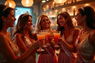 Groupe de femmes en EVJF fêtant dans un bar danse de Strasbourg avec cocktails et tenues festives