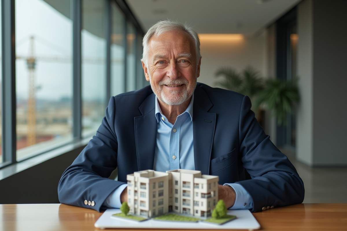 Executif senior avec maquette d immobilier dans un bureau moderne