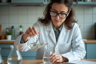Femme en blouse blanche versant un liquide dans un bécher gradué lors d'une expérience chimique à domicile