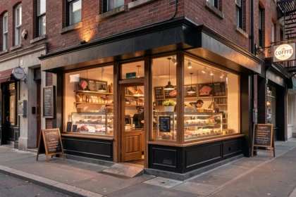 Façade d'une ancienne boucherie transformée en café de quartier