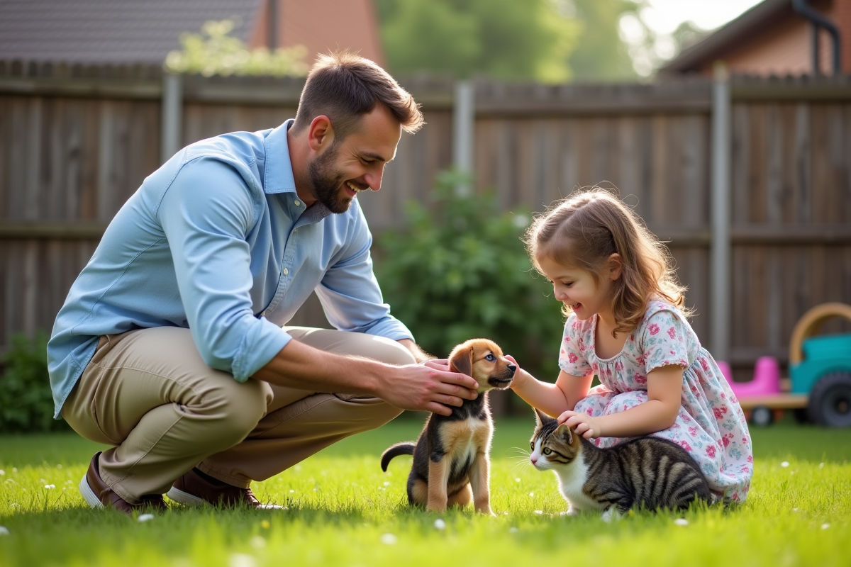 Pere et fille avec chiot et chat dans le jardin