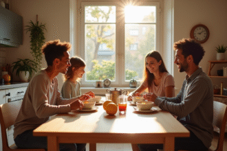 Famille française diverse prenant le petit déjeuner dans une cuisine moderne