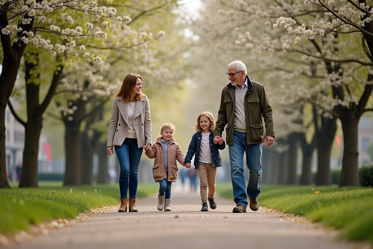 Famille multigenerationnelle française se promenant dans un parc au printemps