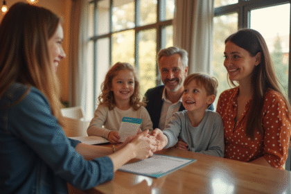 Famille souriante à la réception de l'hôtel échangeant des bons de vacances