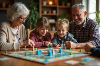 Famille jouant à Monopoly Ville autour d'une table en bois, avec plateau de jeu et maisons colorées