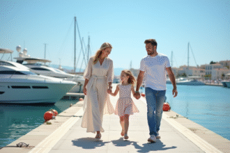 Famille heureuse se promenant sur la marina à Chypre