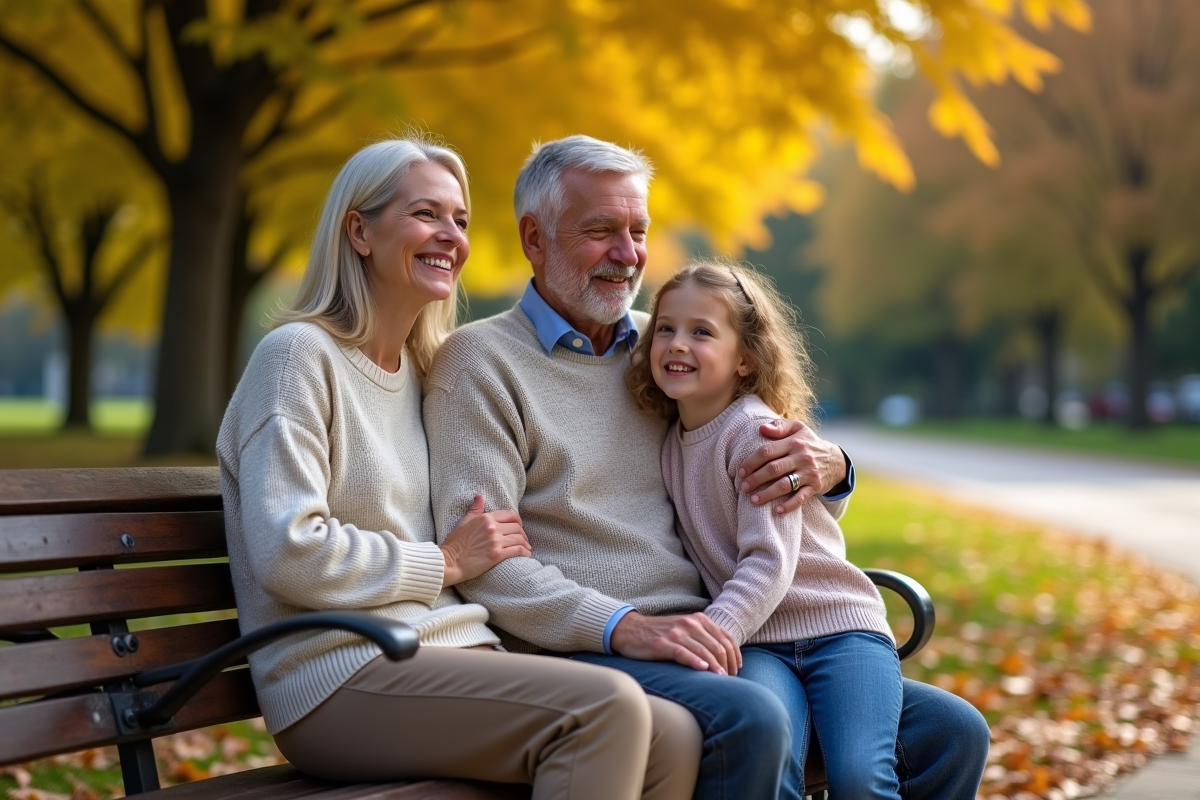 Famille souriante sur un banc dans un parc en automne
