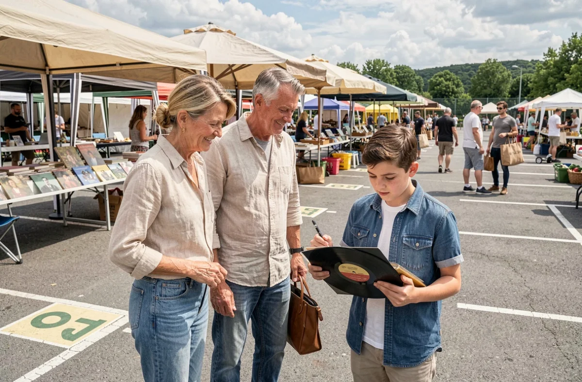 Famille en train de chiner au vide-grenier dans l'Ain, parcourant les étals de disques vinyles et d'objets d'occasion