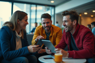 Fans passionnes dans un lounge moderne regardant des tablettes