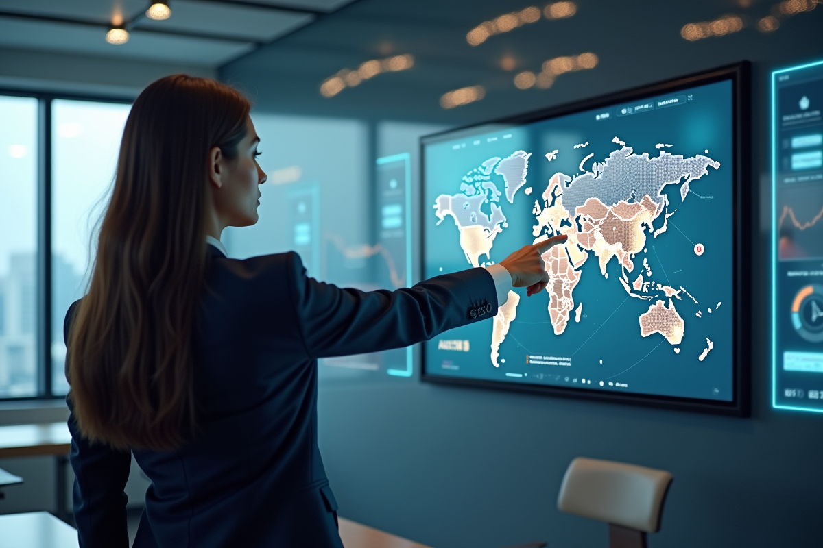 Femme d affaires pointant un ecran tactile avec carte du monde