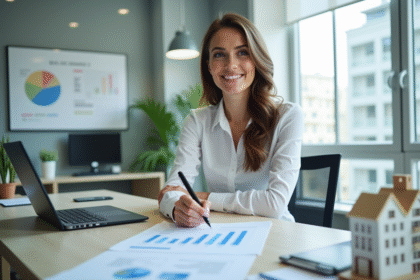 Femme d'affaires examinant des documents d'investissement immobilier