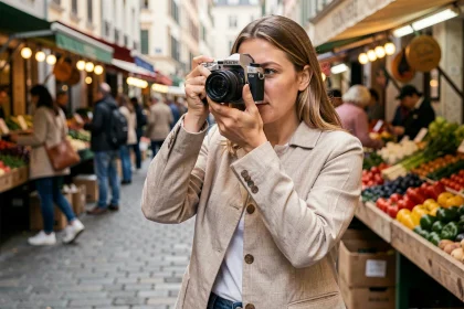 Femme photographe utilisant un appareil photo compact dans un marché urbain européen