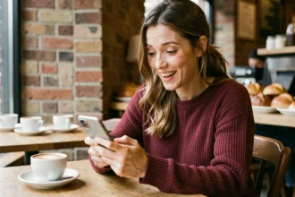 Femme souriante utilisant une application de rencontre sérieuse sur son smartphone dans un café chaleureux