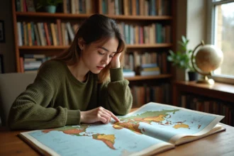 Jeune femme consultant un atlas mondial ouvert sur les capitales du monde pour un défi géographique