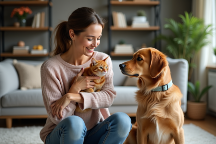 Femme souriante avec chat et chien dans un salon cozy