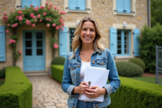 Femme souriante avec documents devant maison de charme