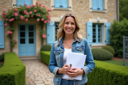 Femme souriante avec documents devant maison de charme