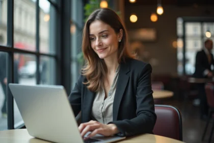Femme au bureau dans un café en pleine concentration