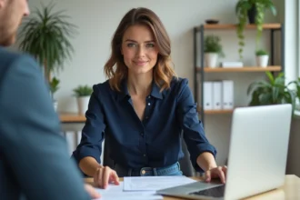 Femme en bureau professionnel poussant un document